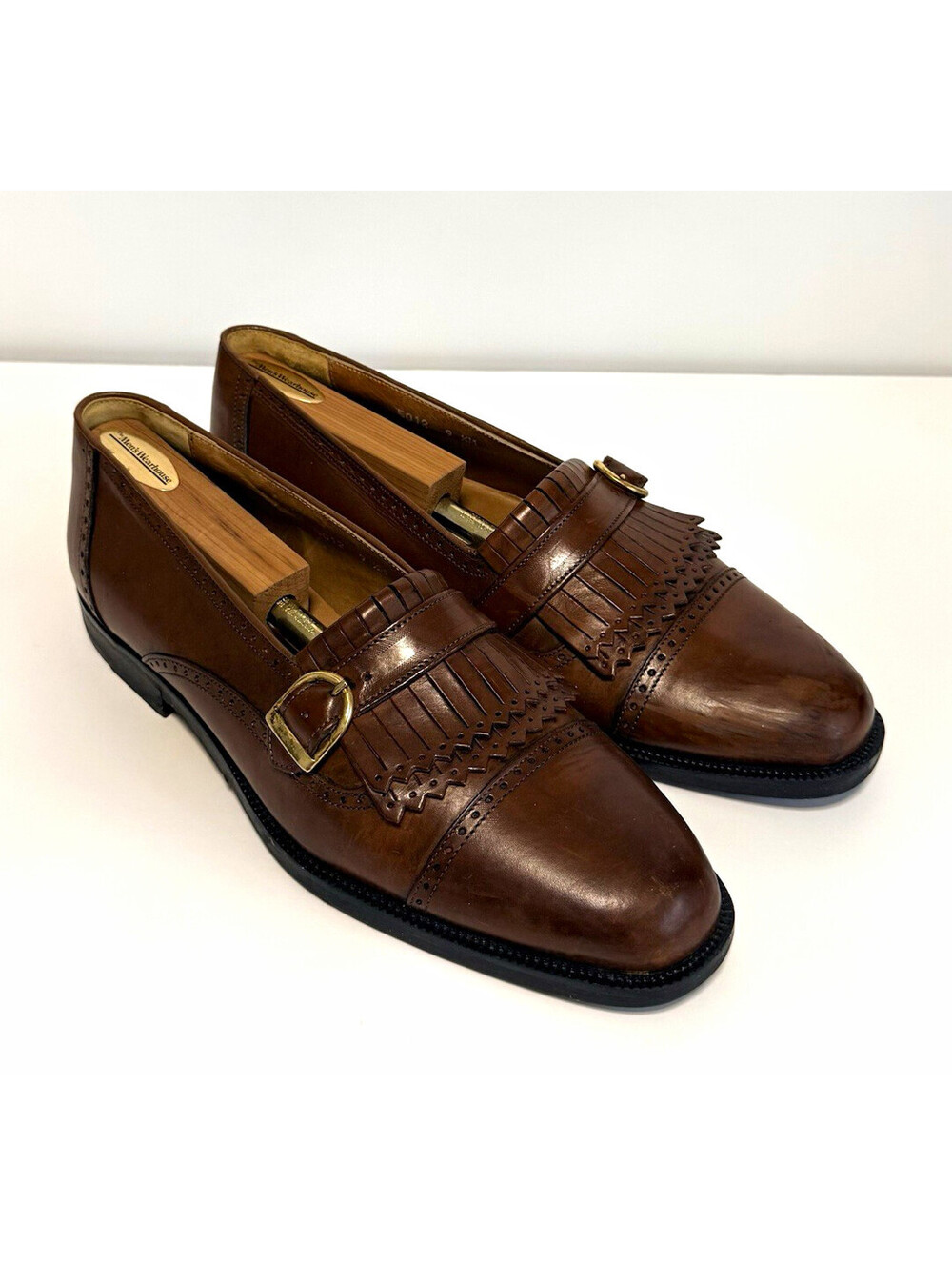 Perry Ellis Men’s 9.5 M Brown Leather Monk Strap Woven Loafers Italy 5012